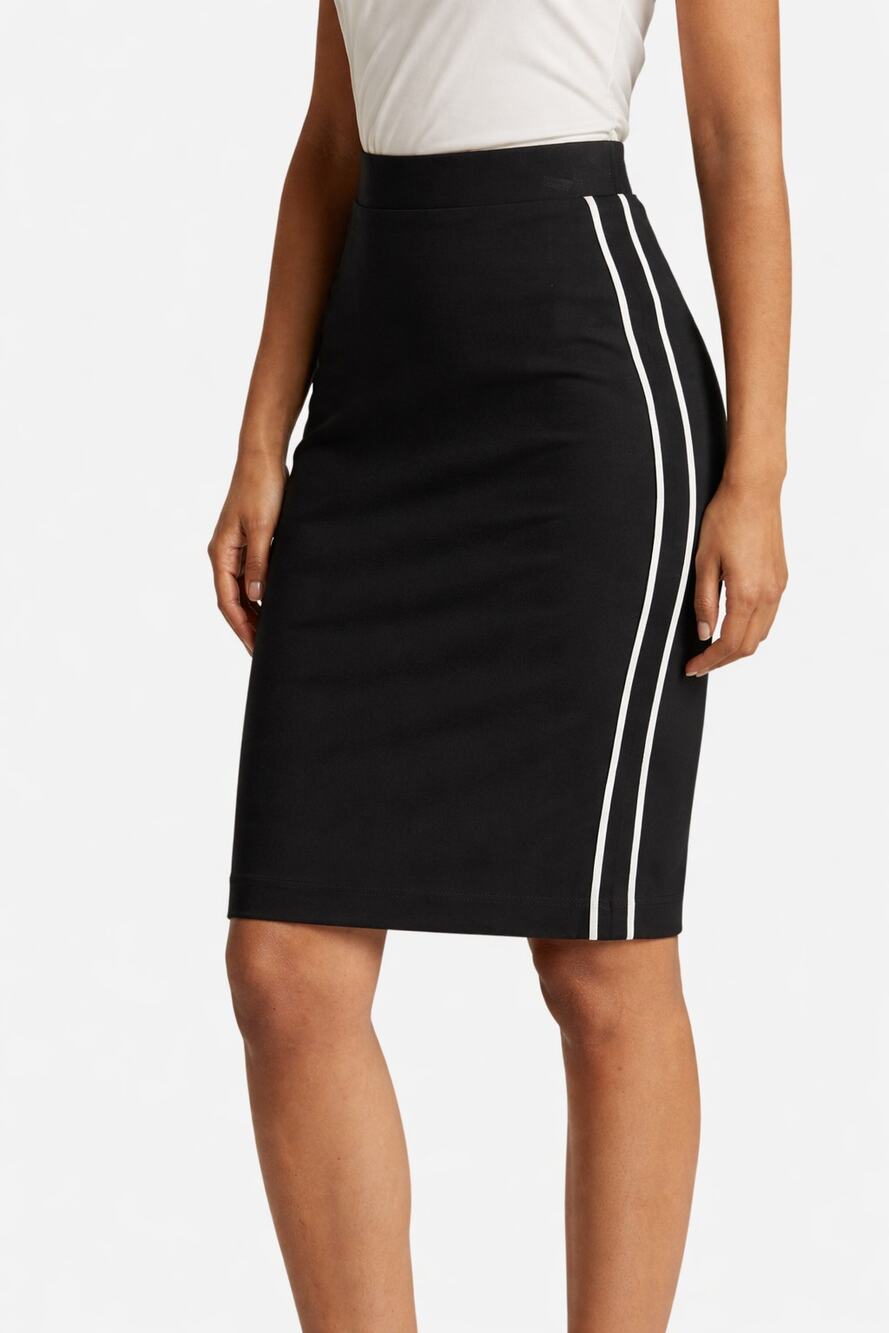 Tahari Black Piped Ponte Pencil Skirt with White Side Stripe Pull On Small NWT